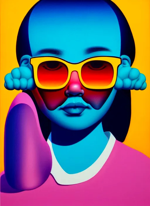 Image similar to cute girl with shades by shusei nagaoka, kaws, david rudnick, airbrush on canvas, pastell colours, cell shaded, 8 k