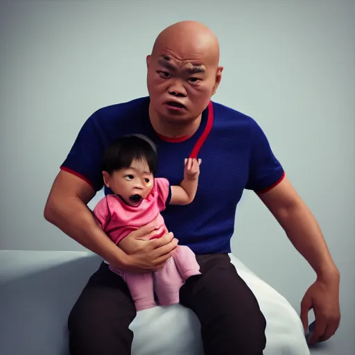 Image similar to shocked asian man cannot believe his eyes that he is holding a baby charles barkley at hospital, artstation, pixar, 3 d render