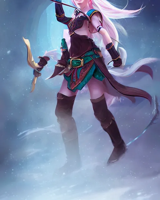 Prompt: female elf archer in a hoodie wielding a magical bow surrounded by wind particles, WLOP style, character art, fighting pose, mixed media, digital art, trending on artstation, 8k, epic composition, highly detailed, sharp focus