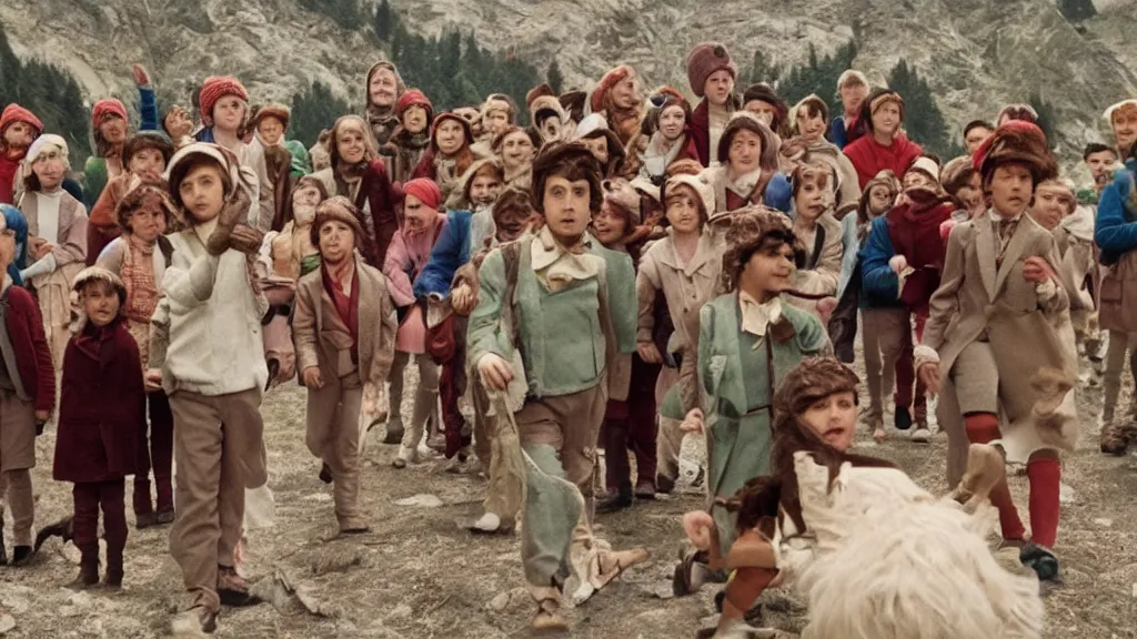 Image similar to A still from a Wes Anderson movie where the Pied Piper is luring hundreds of kids up a hill, long shot