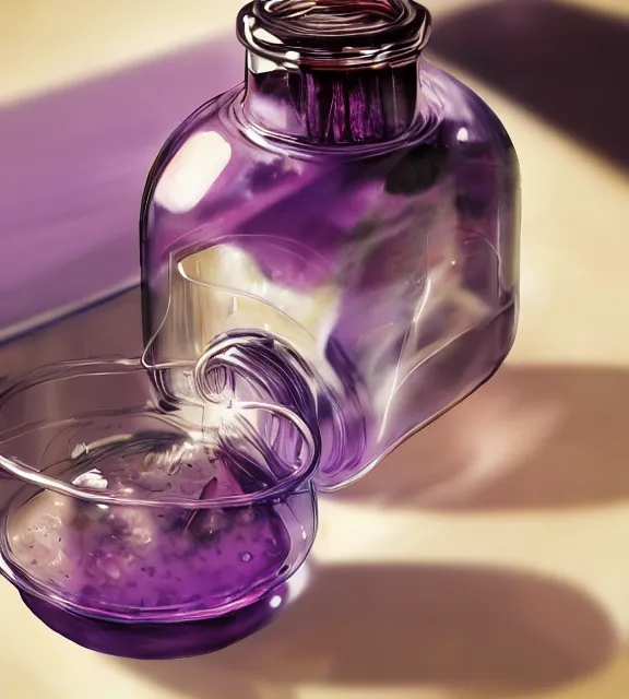 Image similar to a closeup of a purple potion in a round bottle on a messy desk. by makoto shinkai, stanley artgerm lau, wlop, rossdraws, james jean, andrei riabovitchev, marc simonetti, krenz cushart, sakimichan, d & d trending on artstation, digital art