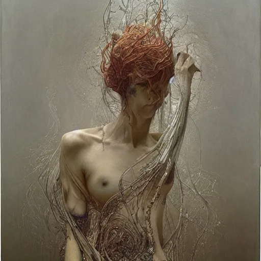 Image similar to by zdzisław beksinski, iris van herpen, raymond swanland and alphonse mucha. highly detailed, hyper - real, beautiful