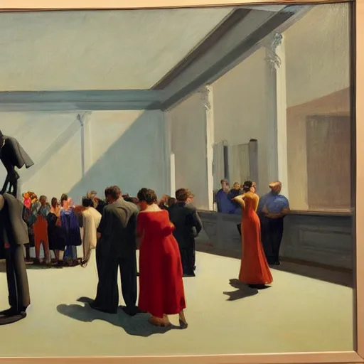 Prompt: a painting by edward hopper of a crowd around a sculpture of a deformed human body middle of a museum