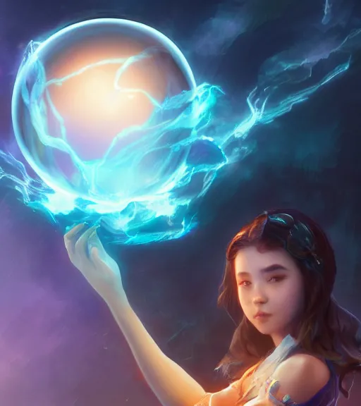 Image similar to girl holding a crystal ball of electric clouds highly detailed, trending on Artstation, Unreal Engine 4k, cinematic wallpaper by Stanley Artgerm Lau, WLOP, Rossdraws, James Jean, Andrei Riabovitchev, Marc Simonetti, and Sakimichan