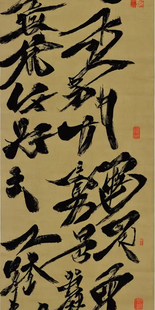 Image similar to a scroll of Chinese calligraphy by Wang Xizhi, black and yellow scheme