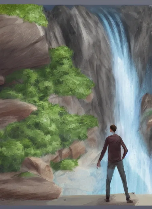 Image similar to a drawing of a man standing in front of a waterfall, concept art by senior environment artist, featured on deviantart, environmental art, concept art, official art, 2 d game art