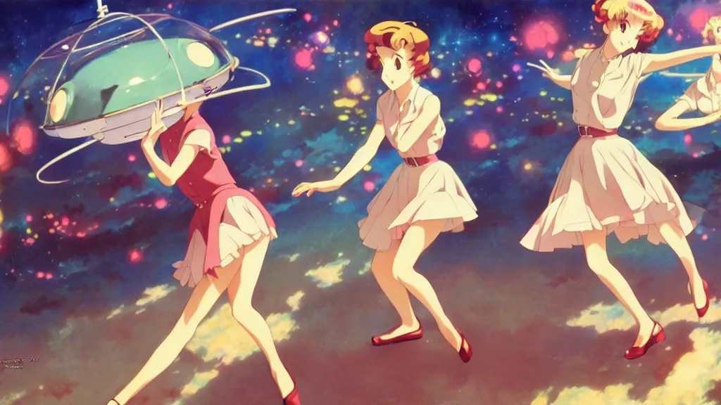 Prompt: a film still of a 1 9 5 0's anime girls dancing inside ufo, chillhop aesthetics, hdr, full body mid shot, perfect art, trending on pixiv fanbox, painted by gaston bussiere, makoto shinkai, akihiko yoshida, craig mullins