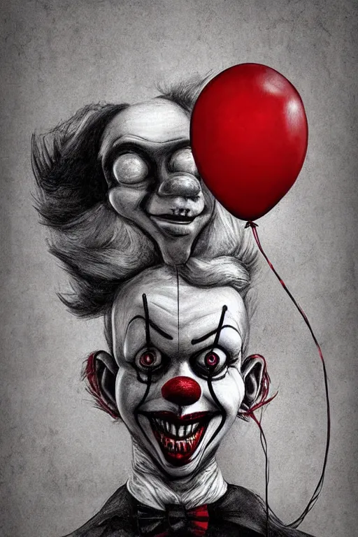 Image similar to surrealism grunge cartoon portrait sketch of Pennywise with a wide smile and a red balloon by - michael karcz, loony toons style, freddy krueger style, horror theme, detailed, elegant, intricate