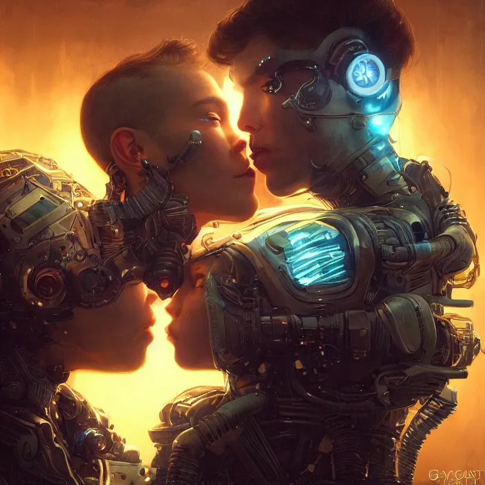 Image similar to ultra realistic medium shot of a couple of cyborgs kissing, lovers, cyberpunk, sci - fi, fantasy, kodak, colour led, soft light, volumetric lighting, night, intricate, highly detailed, digital painting, concept art, smooth, sharp focus, illustration, art by artgerm and greg rutkowski and alphonse mucha