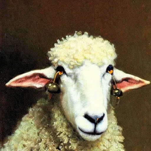 Prompt: closeup portrait of a sheep wearing a monocle, by ilya repin
