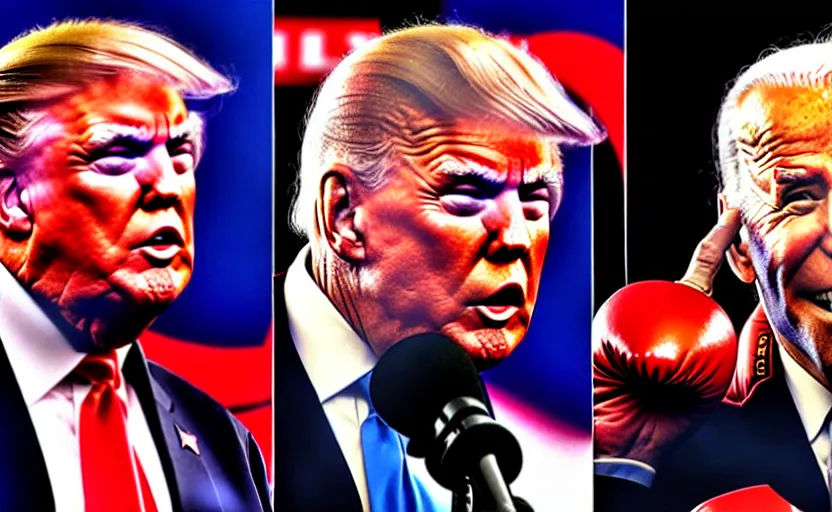 Prompt: boxing match between donald trump vs joe biden, stage lighting, award winning photo