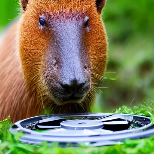 Image similar to cute capybara eating a nvidia gpu with cooling fans, chewing on a graphic card, wildlife photography, bokeh, sharp focus, 3 5 mm, taken by sony a 7 r, 4 k, award winning