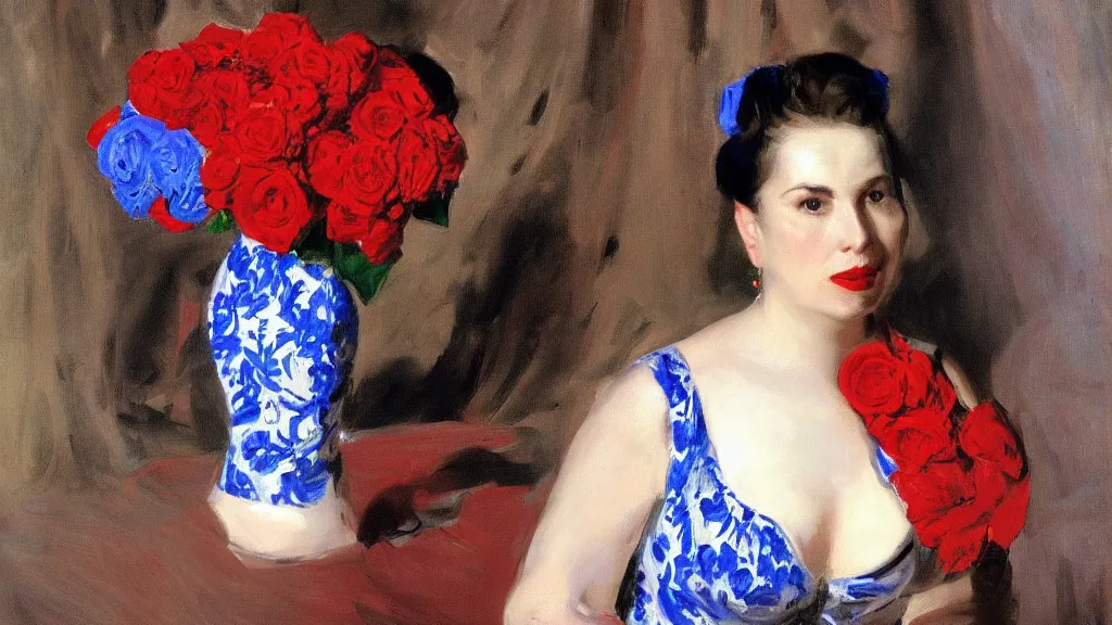 Image similar to portrait of rebekah delrio in lynch pattern, big persian detailed pot of red roses, blue and red lights painted by john singer sargent