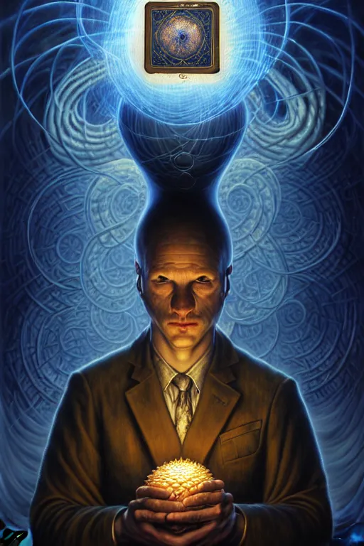 Image similar to The Network Admin, tarot card, by tomasz alen kopera and Justin Gerard, computer, short hair, business suit, clipboard, symmetrical features, ominous, magical realism, texture, intricate, ornate, royally decorated, whirling blue smoke, embers, radiant colors, fantasy, trending on artstation, volumetric lighting, micro details, 3d sculpture, ray tracing, 8k, anaglyph effect