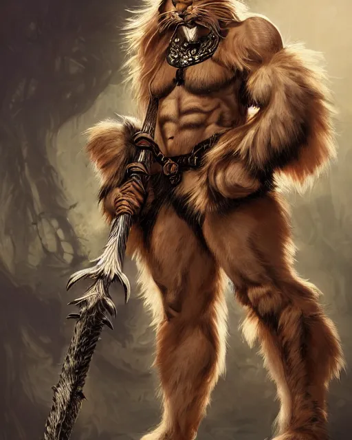 Image similar to portrait of a very cute fursona maine coon barbarian, muscular, wild, d & d, fantasy, intricate, full - length, cinematic lighting, highly detailed, digital painting, artstation, concept art, smooth, sharp focus, illustration, art by hajime sorayama