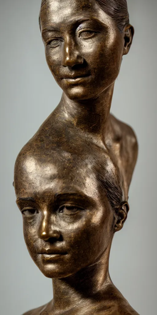 Image similar to detailed photo of an old bronze patina statue of beautiful emma truman, full body portrait, photorealism, intricate detail, museum diffuse lighting