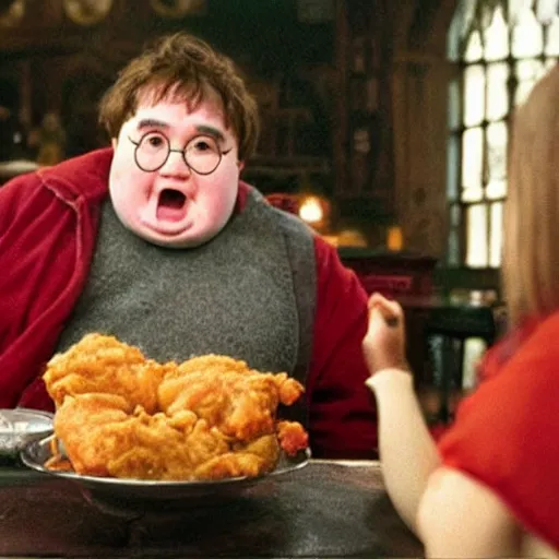 Image similar to obese harry potter eating fried chicken, movie still