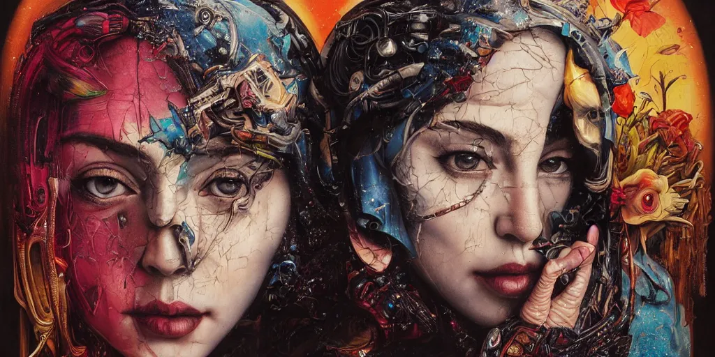 Image similar to portrait of Madonna and Child ,8k,by tristan eaton,Stanley Artgermm,Tom Bagshaw,Greg Rutkowski,Carne Griffiths, Ayami Kojima, Beksinski, Giger,trending on DeviantArt,face enhance,hyper detailed,minimalist,cybernetic, android, blade runner,full of colour, super detailed