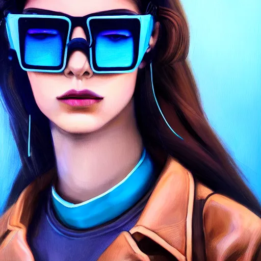 Image similar to closeup painting of a very beautiful young mexican cyberpunk woman with a smirk, wearing light blue shutter shades and a dark brown leather jacket, one side haircut, long brown hair with light blue ends, portrait, hyperdetailed, artstation, cgsociety, 8 k, synthwave by tangerine dream