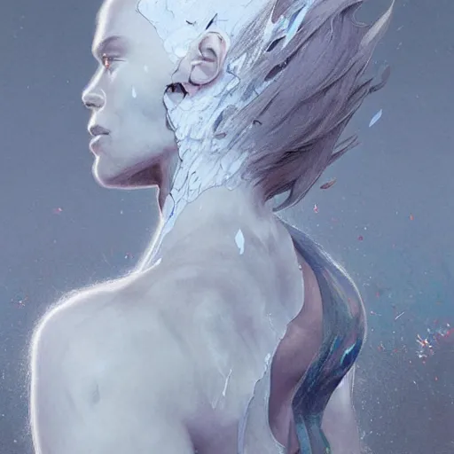 Prompt: glitch! art humanoid with smooth hair floating! in a white liminal space, full body!, detailed hyperrealistic concept art illustration by Greg rutkowski, smeared acrylic paint