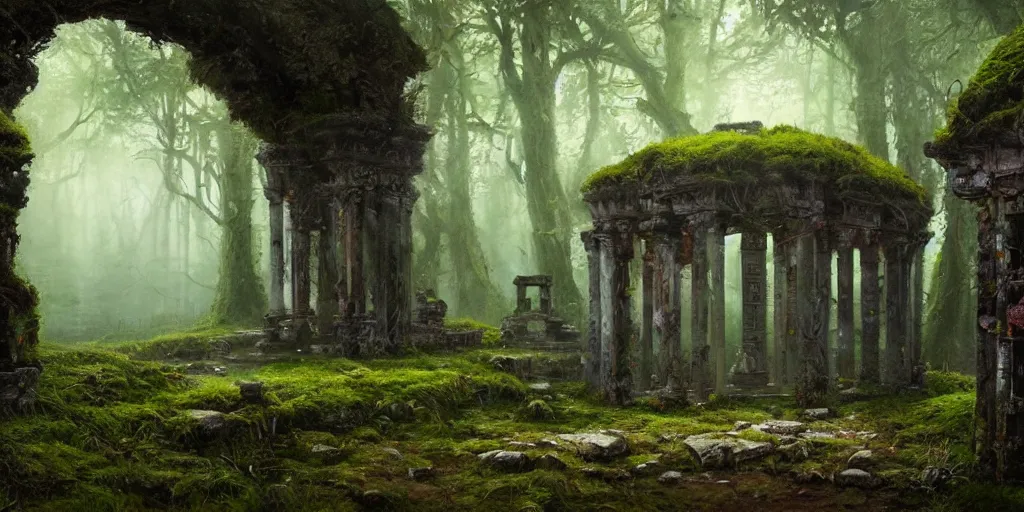 Prompt: hyper realistic oil painting of an abandoned druid temple, covered by moss, vibrant colors, patterns on stone pillars, magic aura, by greg rutkowski, trending on artstation