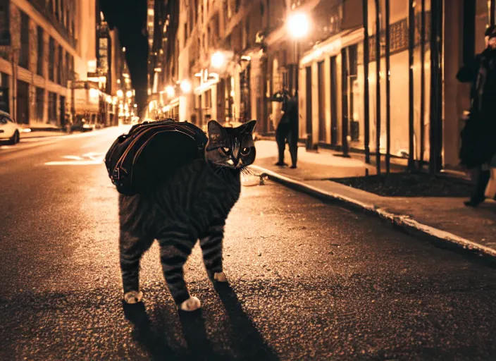 Image similar to photography of a Cat being carried in an half open backpack . in a new york street. award winning photo, led lighting, night, 130mm, sharp, high res