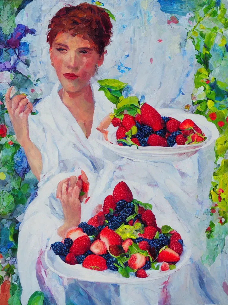 Image similar to “organic, portrait of a woman wearing white silk, neoexpressionist, eating luscious fresh raspberries and strawberries and blueberries, edible flowers, acrylic and oilstick on canvas”