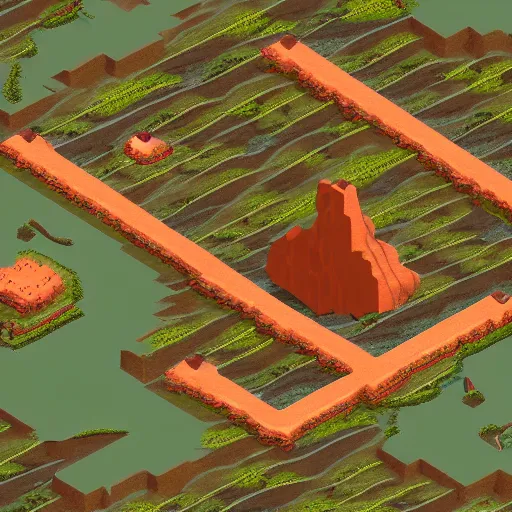 Prompt: isometric view of a colony on a lava planet, from a game made in 2006