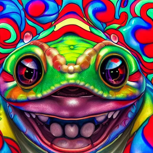 Prompt: a detailed mate painting of a rainbow clown frog'by stephanie law, existential horror, trending on cgsociety artstation, highly detailed, 8 k, masterpiece, super resolution.