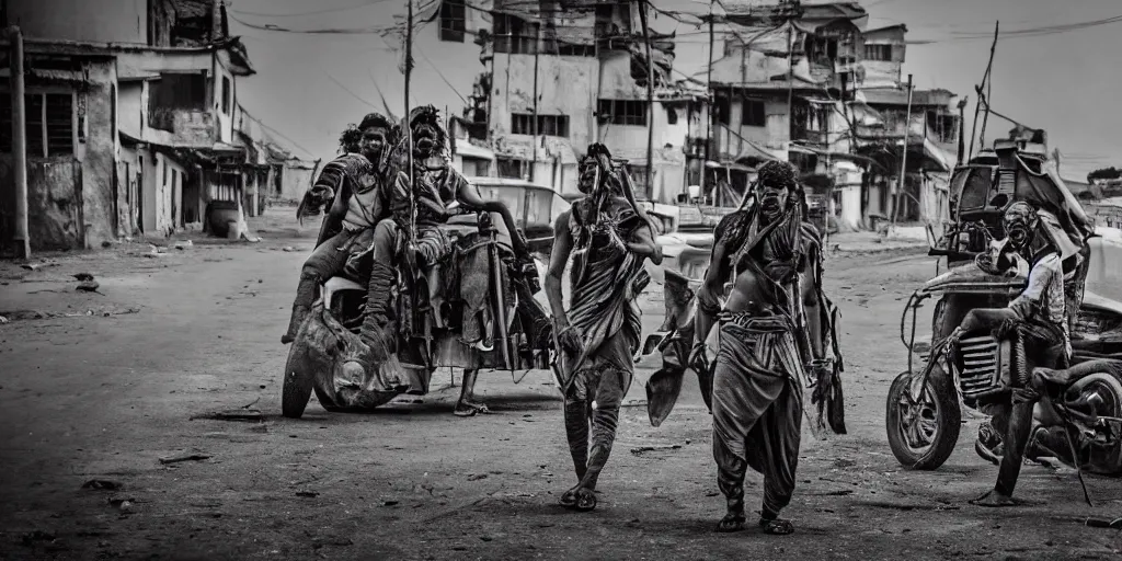 Image similar to sri lankan mad max style, city streets, film still, epic shot cinematography, rule of thirds