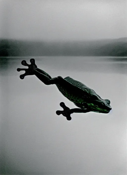 Image similar to “semitranslucent smiling frog vertically hovering over misty lake waters in crucifix pose, low angle, long cinematic shot by Andrei Tarkovsky, paranormal, eerie, mystical”