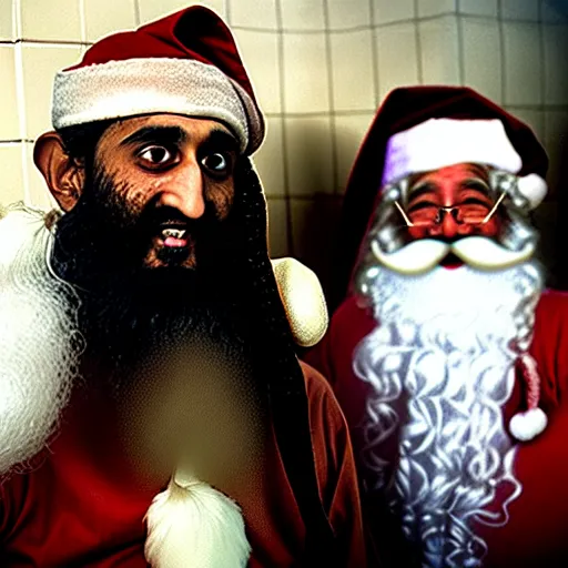 Prompt: uhd candid photo of bin laden and santa claus on skid row, making a dirty bomb. correct faces, intricate details, hyperdetailed, accurate faces. photo by annie leibowitz