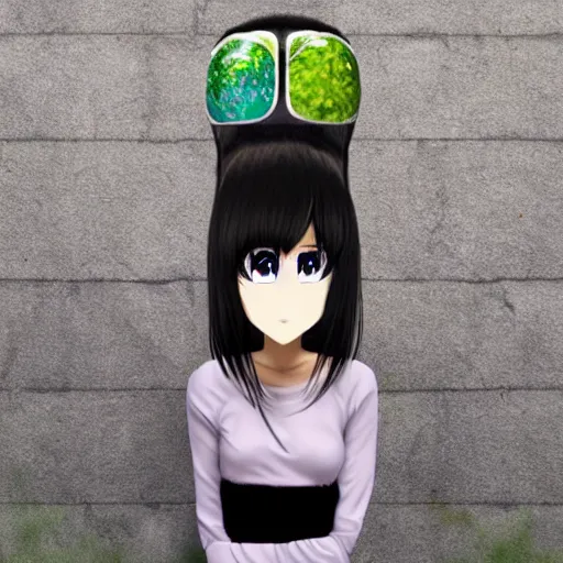 Image similar to anime girl with easter island head as a head