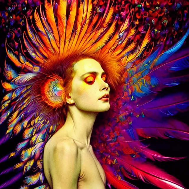 Image similar to face of psychedelic transcendent feather mind bending psychedelic wings of glossy liquid honey flowing like kaleidoscopic translucent holograph, lsd feathers, feathery fluff, enlightenment, high contrast dappled lighting, refracted sunset, highly detailed, concept art, art by collier, albert aublet, krenz cushart, artem demura, alphonse mucha