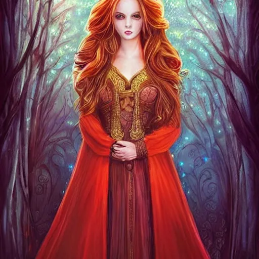 Image similar to Fantastic, fairytale, portrait, painting, beautiful!, female mage, long flowing red hair, light emitting from fingertips, ornate gown, smoldering, serious, royalty kingdom, royal court