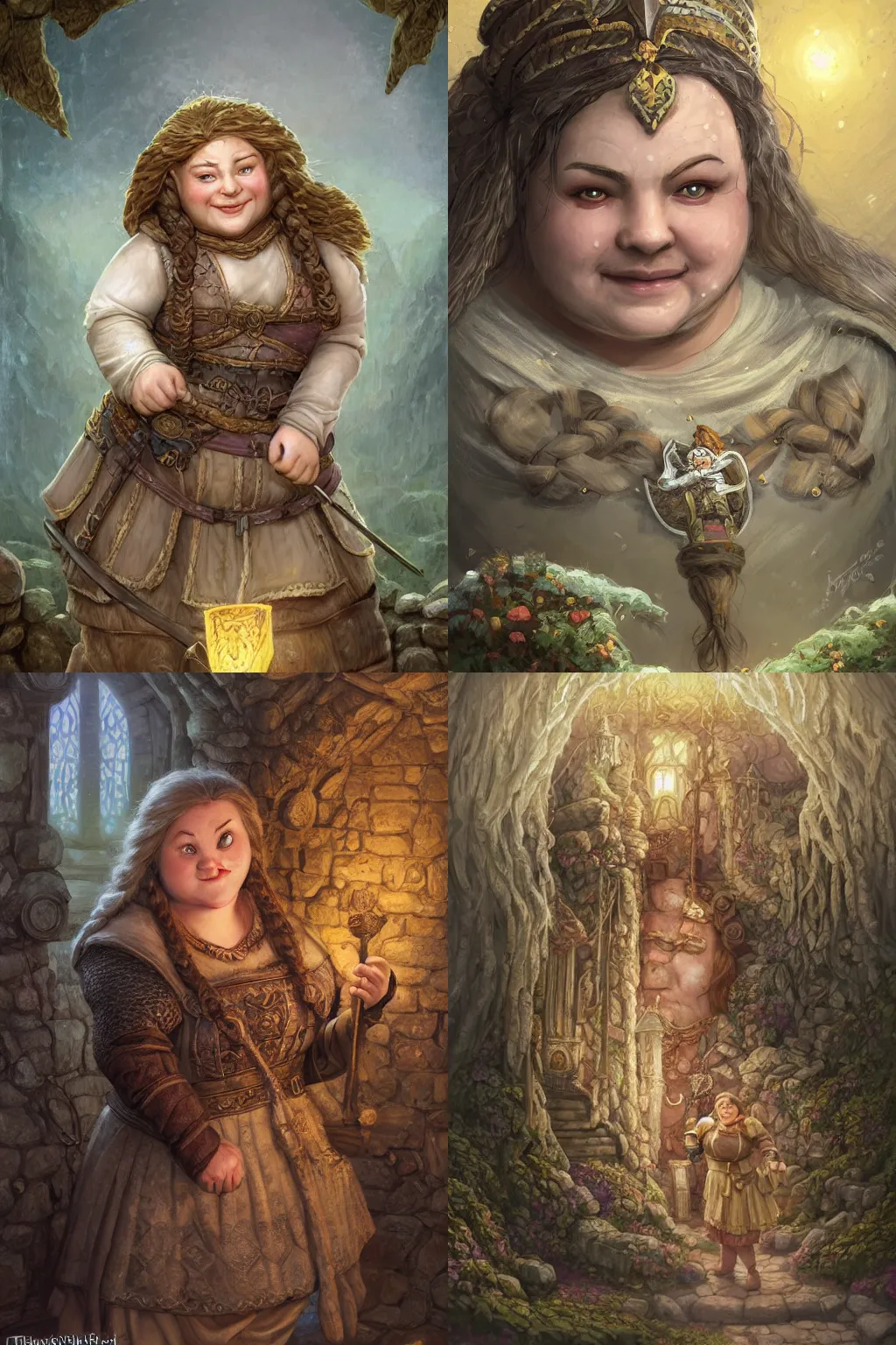 Prompt: A cheerful chubby female dwarf royal servant in the dwarven stone palace, highly detailed face, neat intricate complex braided hair, big nose, realistic, beautiful, fantasy art, dungeons and dragons, lord of the rings, in the style of Thomas Kinkade and Wojciech Siudmak, pleasant cozy atmosphere, illustration, fantasy, intricate, hyper detailed, artstation, concept art, smooth, sharp focus, ray tracing, vibrant