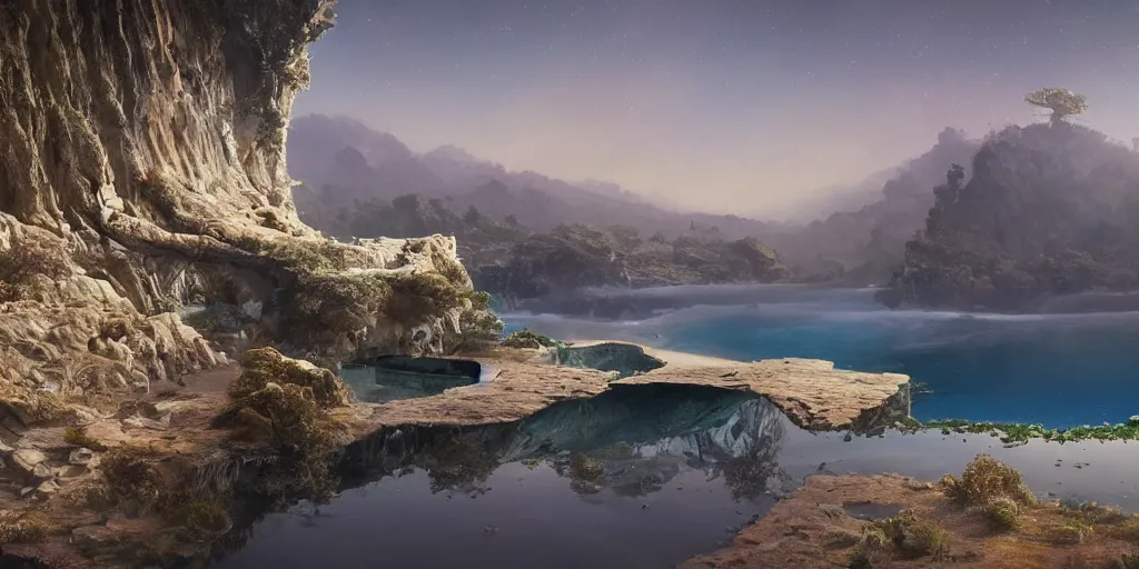 Image similar to artgem and Beeple masterpiece, hyperrealistic surrealism, scifi wide angle landscape in California, award winning masterpiece with incredible details, epic stunning, infinity pool, a surreal liminal space, highly detailed, trending on ArtStation, calming, meditative, surreal, sharp details, dreamscape, giant gold head statue ruins, crystal clear water