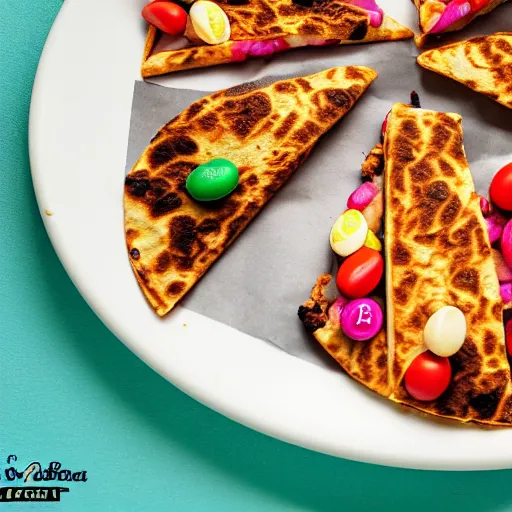 Image similar to first photos of taco bell quesadilla covered in skittles ( eos 5 ds r, iso 1 0 0, f / 8, 1 / 1 2 5, 8 4 mm, postprocessed, 4 k )