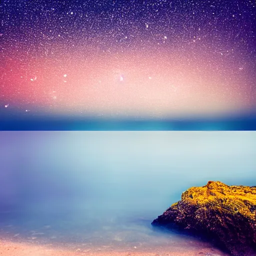 Prompt: peaceful sea at night full of stars night dawn clear waters clear skies