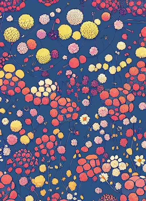 Image similar to multiverse of flowers, garden flowers pattern!!!, berries!!, dragonflies | illustrated by satoshi kon and greg rutkowski, 7 0's vintage sci - fi design