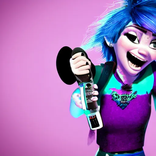 Prompt: high detail render of a punk girl with purple emo hair, a skull shirt, and studded arm bands screaming into a microphone in disney frozen style 4 k