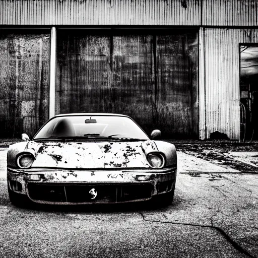 Prompt: black and white press photograph of a rusted abandoned ferrari on an empty abandoned city street, full view, detailed, natural light, mist, film grain, soft vignette, sigma 5 0 mm f / 1. 4 1 / 1 0 sec shutter, imax 7 0 mm footage
