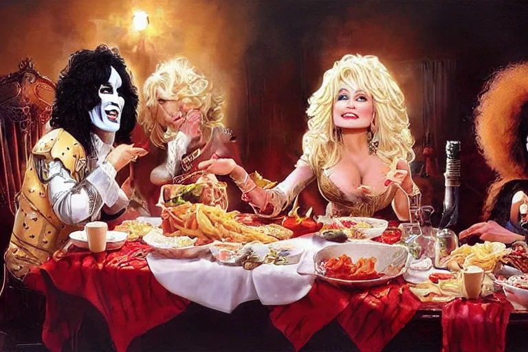 Image similar to dolly parton having a spaghetti dinner with paul stanley in kiss makeup, an oil painting by ross tran and thomas kincade