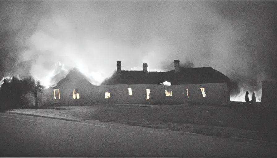 Image similar to 1 9 7 0 s movie still of a heavy burning house in a small french village by night, cinestill 8 0 0 t 3 5 mm, heavy grain, high quality, high detail, dramatic light, anamorphic, flares