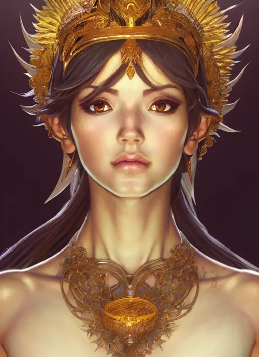 Image similar to portrait, head and torso only, palutena, concept art, digital illustration, by rossdraws, frank franzzeta, intricate, elegant, hyper detailed, ultra definition, photoreal, artstation, unreal engine rendered, concept art, smooth, sharp focus, illustration, art by artgerm and greg rutkowski and alphonse mucha and garis edelweiss