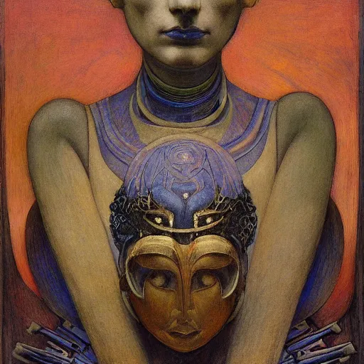 Image similar to the robot queen with her bird mask, by annie swynnerton and diego rivera and elihu vedder and jean delville, symbolist, dramatic lighting, elaborate geometric ornament, head and shoulders view, art brut, soft cool colors, smooth, sharp focus, extremely detailed, adolf wolfli, leo and diane dillon, nicholas roerich