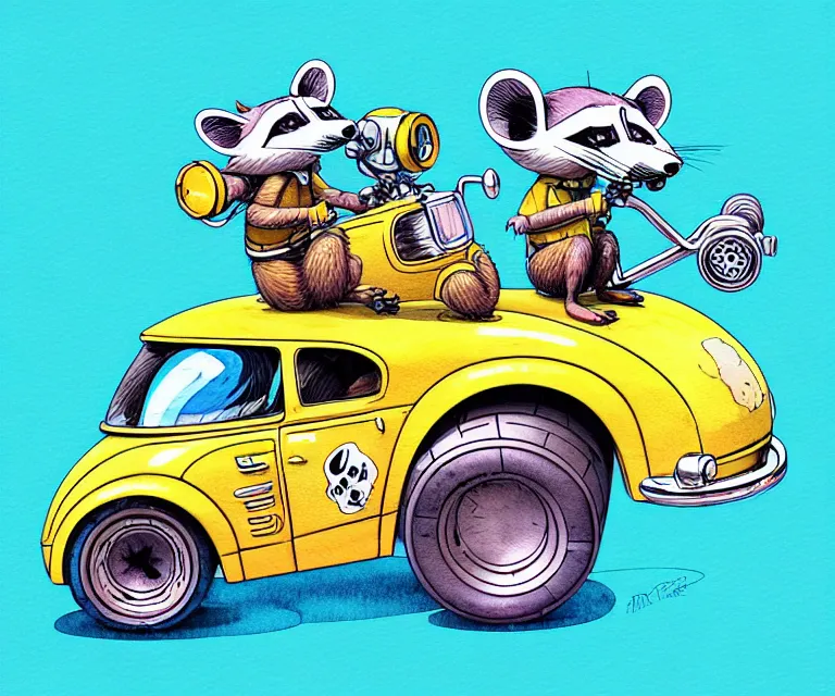 Image similar to cute and funny, racoon wearing a helmet riding in a tiny hot rod with oversized engine, ratfink style by ed roth, centered award winning watercolor pen illustration, isometric illustration by chihiro iwasaki, edited by beeple, tiny details by artgerm, symmetrically isometrically centered