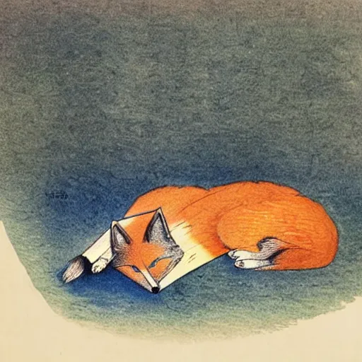 Image similar to a fox sleeping on a pile of books, watercolors from 1 9 2 0