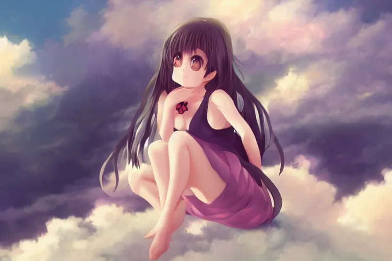 Image similar to a cute anime girl sitting on a cloud, digital painting, anime, portrait