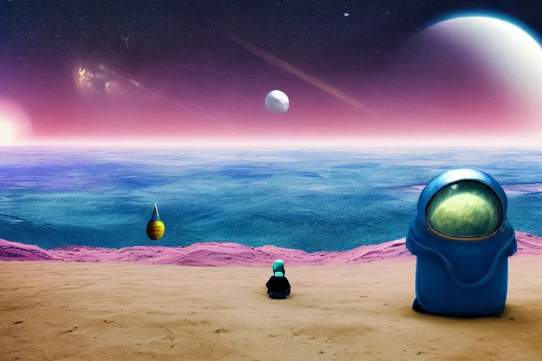 Image similar to gediminas pranckevicius astronaut sitting at the beach next to his spaceship on a pink, blue, purple alien planet watching the sunset, surreal photography, dark night, stars, planets, moon light,